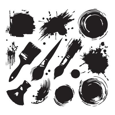 Grungy paint brush strokes and artistic ink splatters with smears and stains. Ink paint splashes with drips, blot drops, dry brush marks, rough round frames. illustration with white background