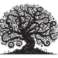 ornamental trees with many entangled branches, oak tree, black graphic vector