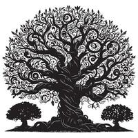 ornamental trees with many entangled branches, oak tree, black graphic vector