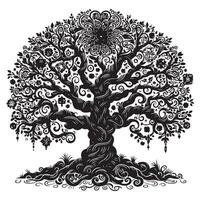 ornamental trees with many entangled branches, oak tree, black graphic vector