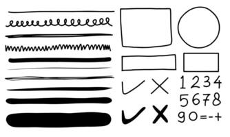 Set of hand drawn elements for selecting text.Hand drawn frames, circle and arrows on white background. vector