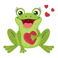 An adorable green frog holds Red heart in its paws and small red hearts around it. Hand drawn trendy flat style isolated on a white background. Love and affection concept illustration vector