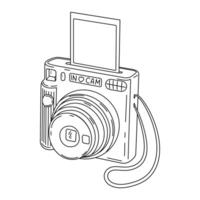 Instant camera device with photo, line art. Photography camera Hand drawn doodle style coloring page. Icon for websites or mobile applications. Flash and lens visible illustration vector