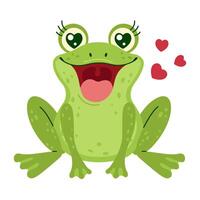An adorable green frog with heart-shaped eyes and red hearts around it. Hand drawn trendy flat style isolated on a white background. Love and affection concept illustration vector