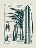 Hand drawn illustration of a tropical beach with surfboards. Art with simple and free lines. vector