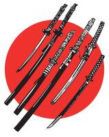 Illustration of a set of ancient Japanese swords. Editable line art. vector