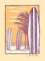Hand drawn illustration of a tropical beach with surfboards. Art with simple and free lines. vector