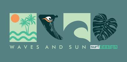 Illustration with graphic representation of elements of summer, the coast and surfing. vector