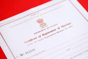 Indian Certificate of registration of marriage blank document on table photo