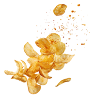 A close-up shot flying of a pile of delicious potato chips isolated on a transparent background png