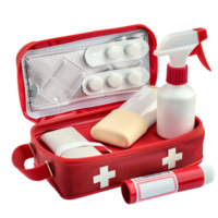 A close-up of an open first aid kit displaying gauze, adhesive tape, and pain relief spray isolated on a transparent background png