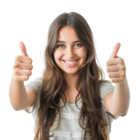 A cheerful young woman with long hair, giving a thumbs up with both hands, isolated on a transparent background png