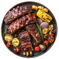 A plate filled with BBQ ribs, corn on the cob, and grilled vegetables, top view isolated on a transparent background png