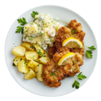 German schnitzel with lemon slices and parsley, accompanied by potato salad on a transparent background png