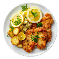 German schnitzel with lemon slices and parsley, accompanied by potato salad on a transparent background png