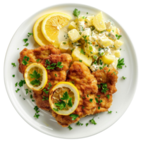 German schnitzel with lemon slices and parsley, accompanied by potato salad on a transparent background png