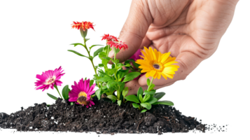 A hand holding a piece of soil with a vibrant green plant growing out of it, colorful flowers in full bloom, on a transparent background png