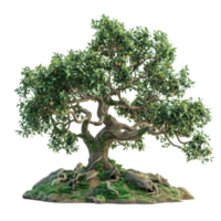 A fantastical world tree with sprawling branches and abundant green leaves, set against a minimalist isolated on a transparent background png