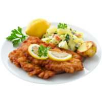German schnitzel with lemon slices and parsley, accompanied by potato salad on a transparent background png