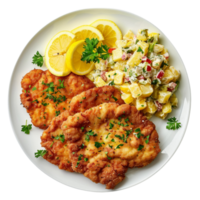 German schnitzel with lemon slices and parsley, accompanied by potato salad on a transparent background png