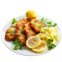 German schnitzel with lemon slices and parsley, accompanied by potato salad on a transparent background png