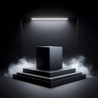 Elegant black cube stand for product placement mockup. Dark podium exhibition scene background. Minimal box platform showroom with spot light. photo