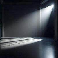 A dimly lit room with a minimalist aesthetic. Polished concrete floors reflect a soft glow from strategically placed spotlights. The spotlights cast long, dramatic shadows across the empty space, photo