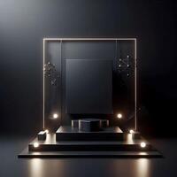 Elegant black cube stand for product placement mockup. Dark podium exhibition scene background. Minimal box platform showroom with spot light. photo