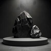 Black geometric Stone and Rock shape background, minimalist mockup for podium display or showcase, 3d rendering. photo