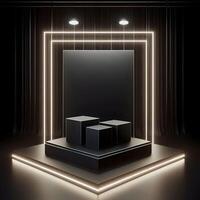 Elegant black cube stand for product placement mockup. Dark podium exhibition scene background. Minimal box platform showroom with spot light. photo