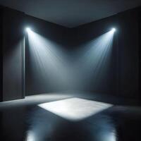 A dimly lit room with a minimalist aesthetic. Polished concrete floors reflect a soft glow from strategically placed spotlights. The spotlights cast long, dramatic shadows across the empty space, photo