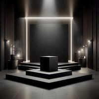 Elegant black cube stand for product placement mockup. Dark podium exhibition scene background. Minimal box platform showroom with spot light. photo