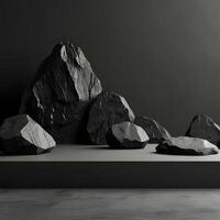 Black geometric Stone and Rock shape background, minimalist mockup for podium display or showcase, 3d rendering. photo