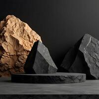 Black geometric Stone and Rock shape background, minimalist mockup for podium display or showcase, 3d rendering. photo