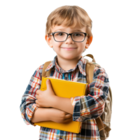 A little student boy with books, wearing glasses and a backpack, smiling and isolated on a transparent background png