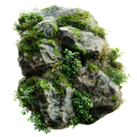 Large rocks covered in vibrant green moss, surrounded by lush foliage, isolated on a transparent background png