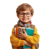 A little student boy with books, wearing glasses and a backpack, smiling and isolated on a transparent background png