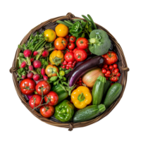 A bountiful assortment of colorful organic produce neatly arranged in a traditional wicker basket isolated on a transparent background png