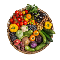 A bountiful assortment of colorful organic produce neatly arranged in a traditional wicker basket isolated on a transparent background png