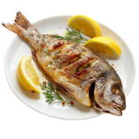 A beautifully cooked bream fish, fried to perfection and served with fresh lemon wedges isolated on a transparent background png