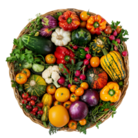 A bountiful assortment of colorful organic produce neatly arranged in a traditional wicker basket isolated on a transparent background png