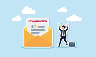 Recommendation letter document for a new job application, guaranteeing experience and recognizing education, concept of A happy businessman receives a recommendation letter in an email envelope vector