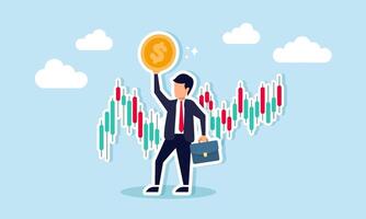 Stock market trader uses technical analysis to buy and sell stocks for profit, focusing on investment and wealth management, concept of businessman trader hold money dollar coin with chart and graph. vector
