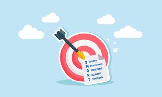 Setting SMART goals specific, measurable, achievable, relevant, and time-bound, planning realistic targets, concept of arrow bow hit bullseye with note paper written business SMART goal vector