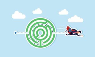 Expertise and skills solve business problems leadership and creativity overcome challenges, leading to success, concept of businessman superhero fly solving maze puzzle vector