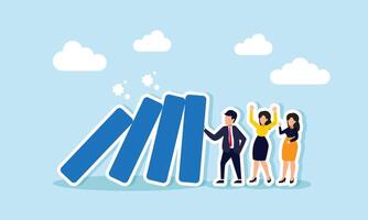Reliable and skillful leadership protects, solves problems, and ensures trust and responsibility with support, concept of reliable businessman leader protect domino from collapse on colleagues. vector