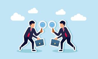 Suspicious partner distrustful, doubtful, pretending, analyzing fraud, questioning business transparency, concept of suspicious businessman analyze each other with magnifying glass vector