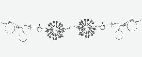 Continuous single-line art drawing of Christmas decorations with ball, snowflakes and stars. Merry Christmas theme line art background vector