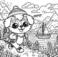 Puppy character coloring page, happy expression, wearing a backpack as it walks along a water body with a small sailboat. coloring book with backpack dog. vector