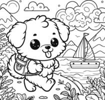 Puppy character coloring page, happy expression, wearing a backpack as it walks along a water body with a small sailboat. coloring book with backpack dog. vector